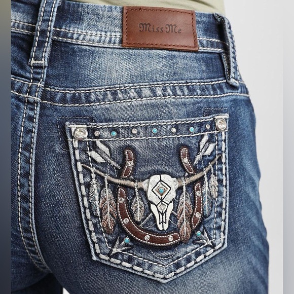 Miss Me Western Mid Rise Flare Jeans Longhorn Horseshoe Turquoise Size 36 - Picture 2 of 13